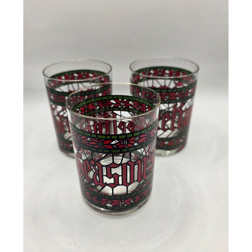 Vintage Houze Stained Glass Christmas Juice Glasses Set of 3 Gold Rim Poinsettia